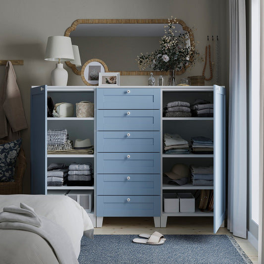 PLATSA cabinet with doors and drawers, white Sannidal/blue, 180x57x133 cm