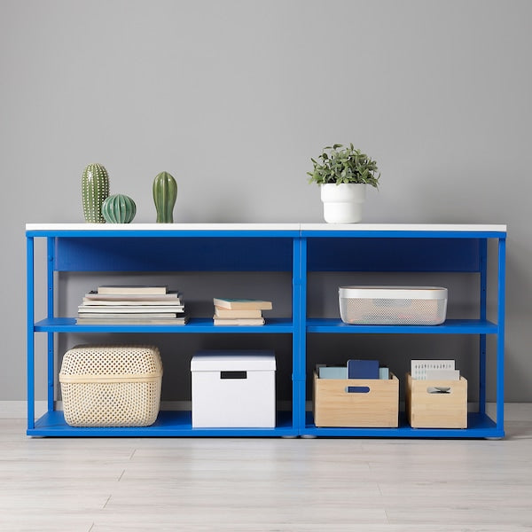 PLATSA - Open shelving unit, white/blue, 140x42x63 cm