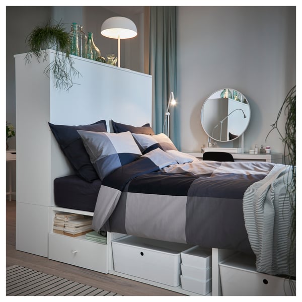 PLATSA - PLATSA Bed frame with 2 door+3 drawers, white/Fonnes, 142x244x163 cm