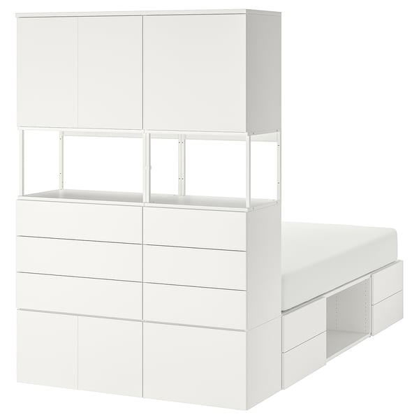 PLATSA - PLATSA Bed frame with 6 doors+12 drawers, white/Fonnes, 140x244x203 cm