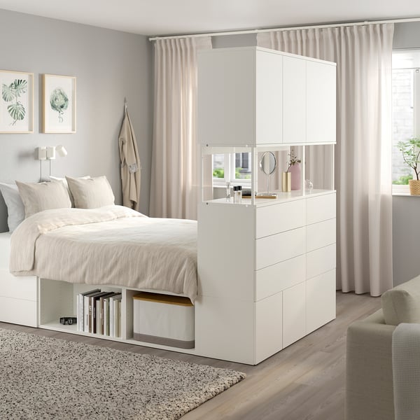 PLATSA - PLATSA Bed frame with 6 doors+12 drawers, white/Fonnes, 140x244x203 cm