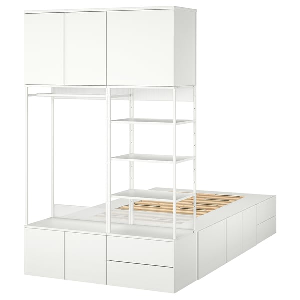 PLATSA - PLATSA Bed frame with 8 door+4 drawers, white/Fonnes, 142x244x223 cm