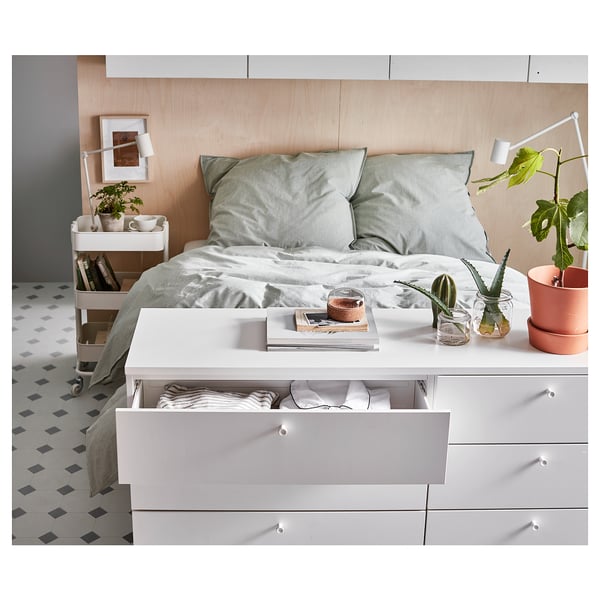 PLATSA - PLATSA Bed frame with 10 drawers, white/Fonnes, 140x244x103 cm