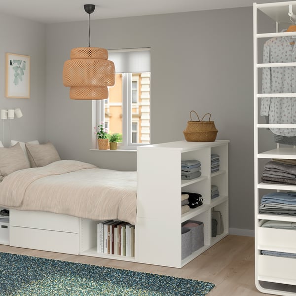 PLATSA - PLATSA Bed frame with 2 drawers, white/Fonnes, 142x244x103 cm