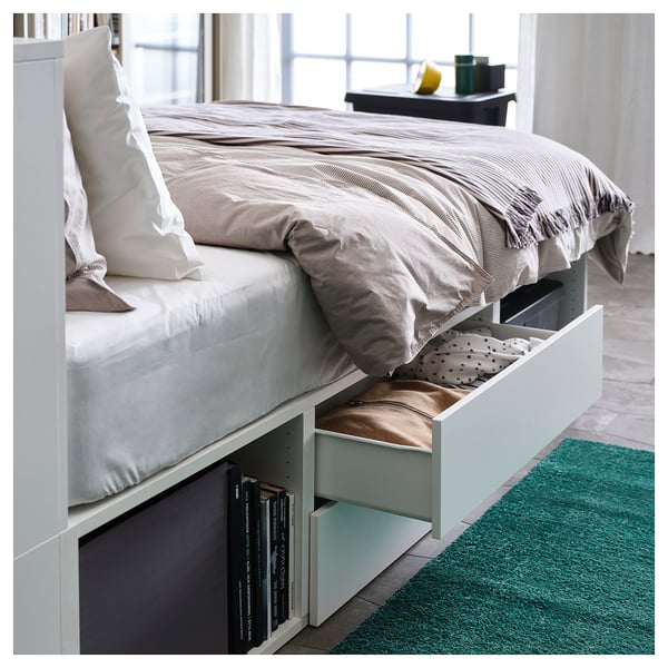 PLATSA - PLATSA Bed frame with 2 drawers, white/Fonnes, 142x244x103 cm