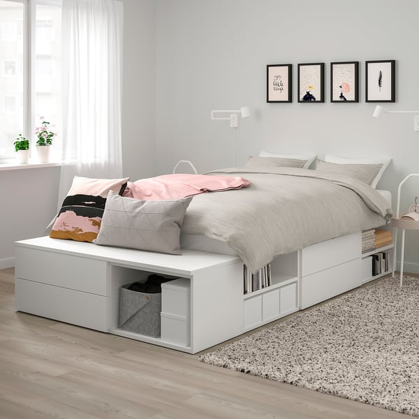 PLATSA - PLATSA Bed frame with 4 drawers, white/Fonnes, 142x244x43 cm