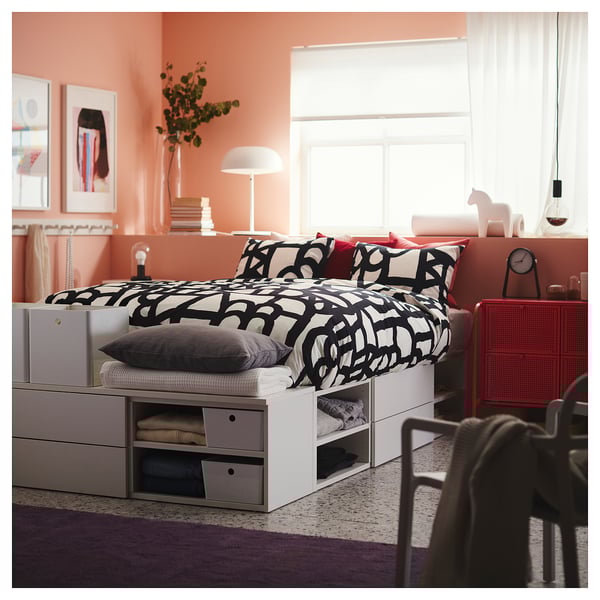 PLATSA - PLATSA Bed frame with 4 drawers, white/Fonnes, 142x244x43 cm