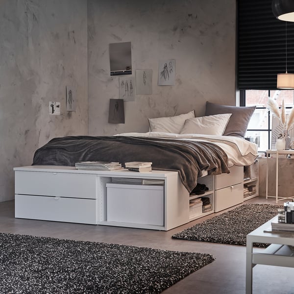 PLATSA - PLATSA Bed frame with 4 drawers, white/Fonnes, 142x244x43 cm