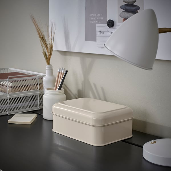 PLOGFÅRA storage box with lid, light beige, 22x16x8 cm