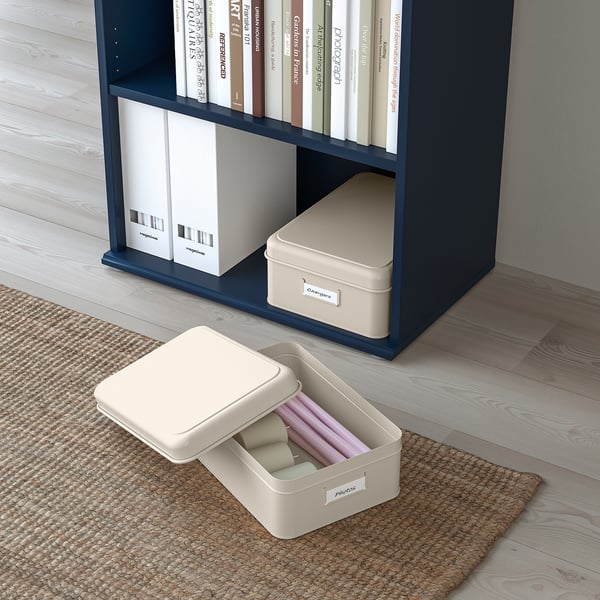 PLOGFÅRA storage box with lid, set of 2, light beige