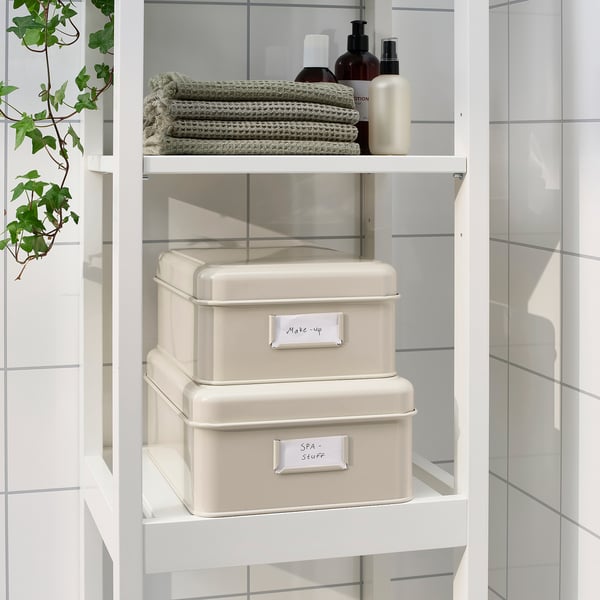 PLOGFÅRA storage box with lid, set of 2, light beige