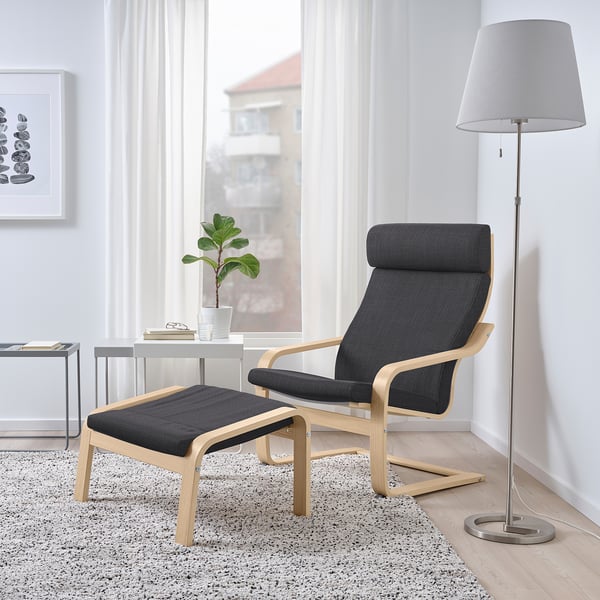 POÄNG Footstool - white mord oak veneer/Skiftebo dark grey ,