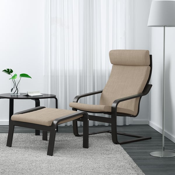 POÄNG footstool, black-brown/Hillared beige, 68x39x54 cm