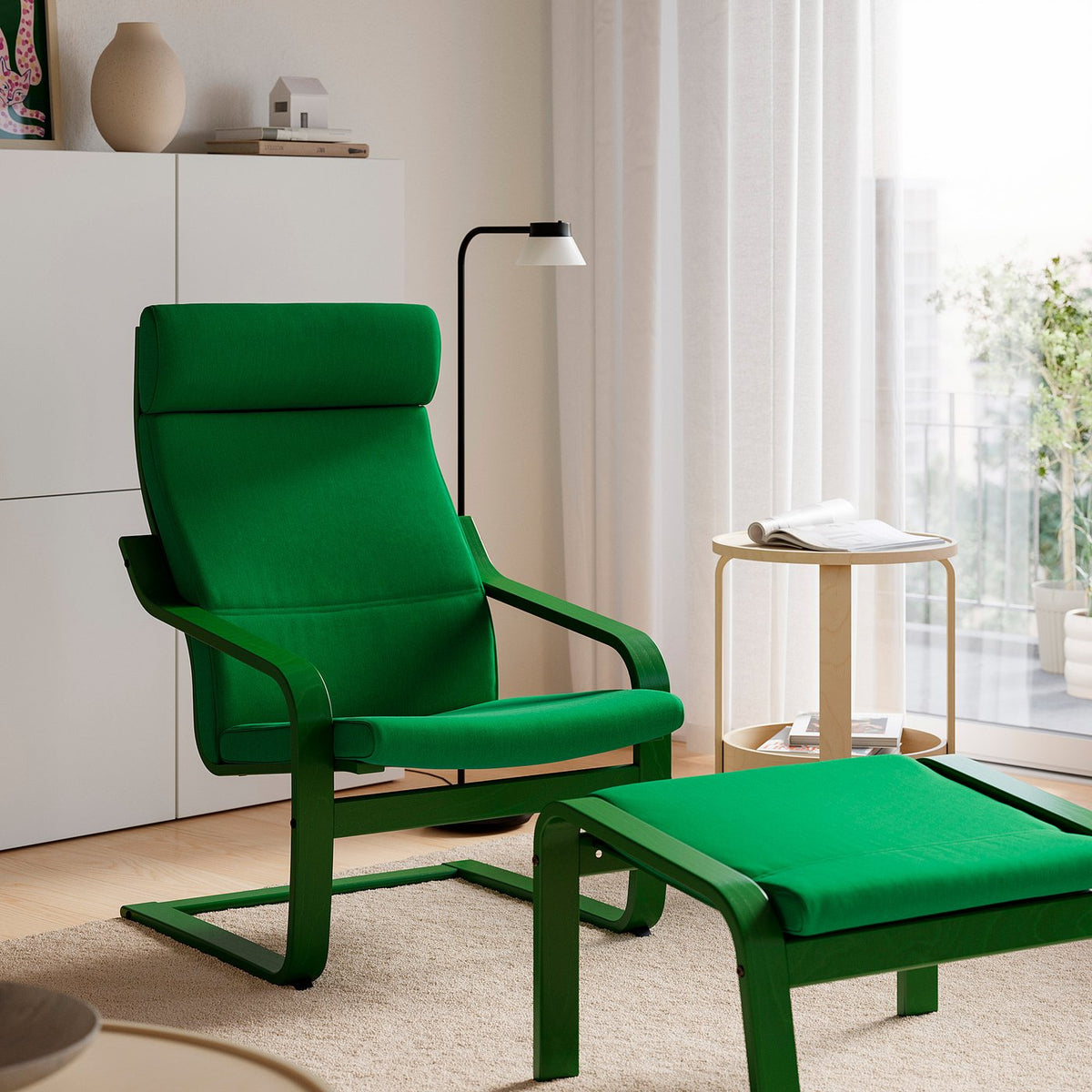 POÄNG armchair and footstool, walnut effect/Vissle deep green