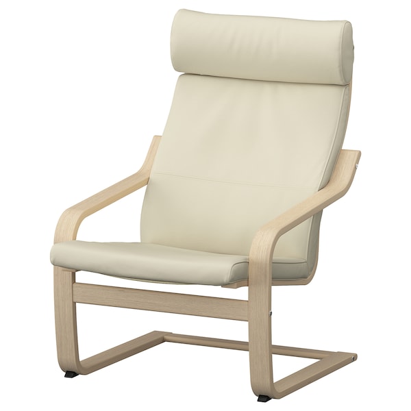 POÄNG - Armchair and footstool, oak veneer mord white/Glose ivory ,