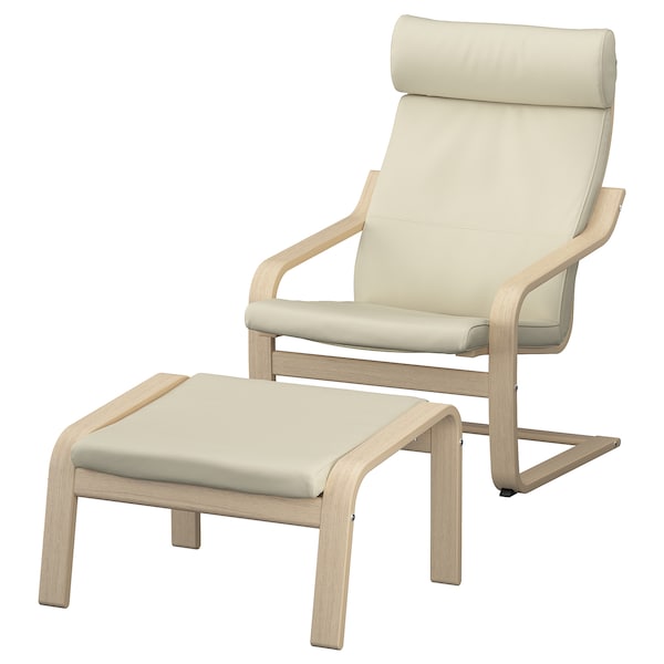 POÄNG - Armchair and footstool, oak veneer mord white/Glose ivory ,