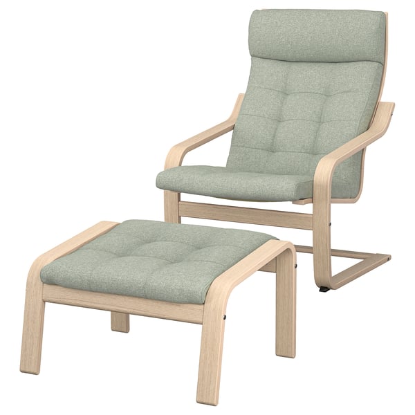 POÄNG armchair and footstool, white stained oak veneer/Gunnared light green