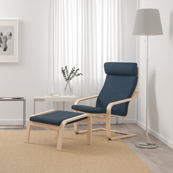 POÄNG armchair and footstool, white stained oak veneer/Hillared dark blue