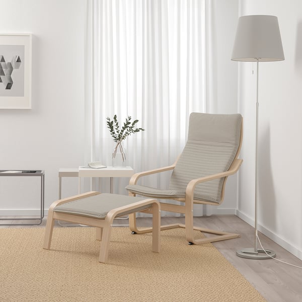 POÄNG armchair and footstool, white stained oak veneer/Knisa light beige