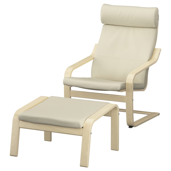 POÄNG - Armchair and footstool, birch veneer/ivory glose ,