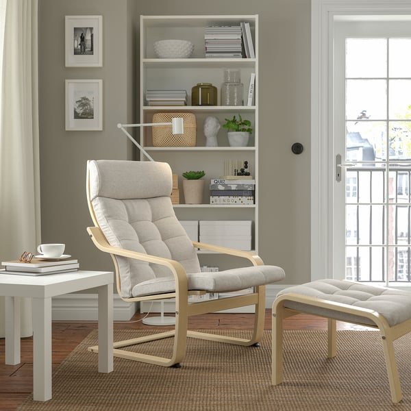 POÄNG - Armchair and footstool, birch veneer/Gunnared beige ,
