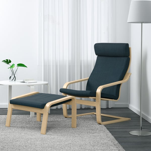 POÄNG armchair and footstool, birch veneer/Hillared dark blue