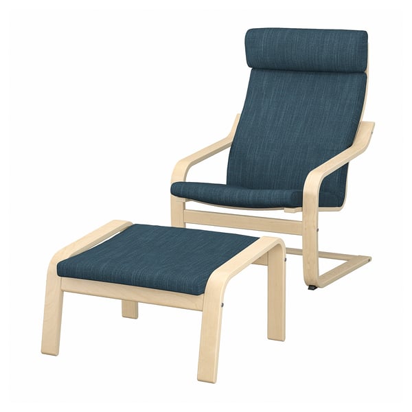 POÄNG armchair and footstool, birch veneer/Hillared dark blue