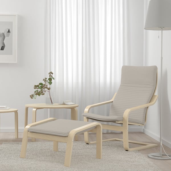 POÄNG armchair and footstool, birch veneer/Knisa light beige