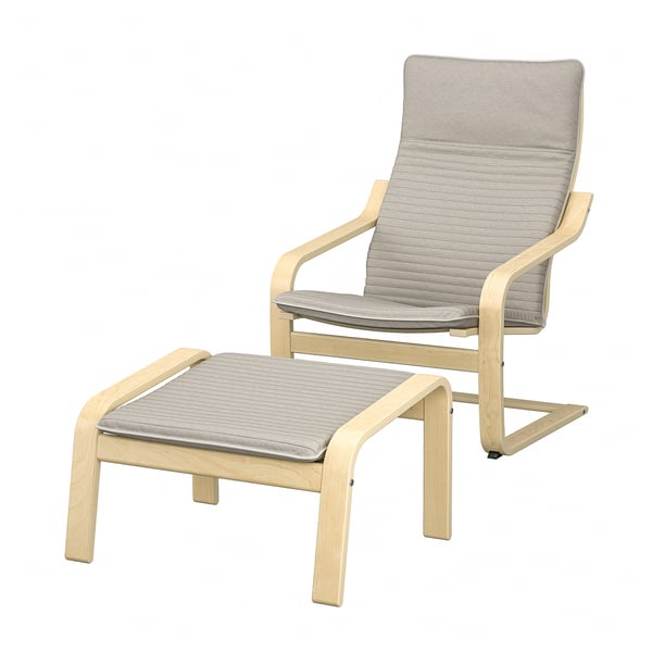 POÄNG armchair and footstool, birch veneer/Knisa light beige