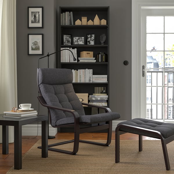 POÄNG - Armchair and footstool, brown-black/Gunnared grey ,