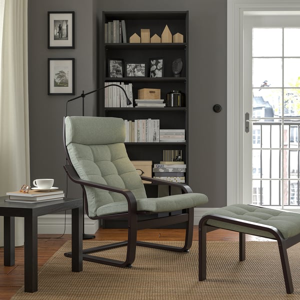 POÄNG armchair and footstool, black-brown/Gunnared light green