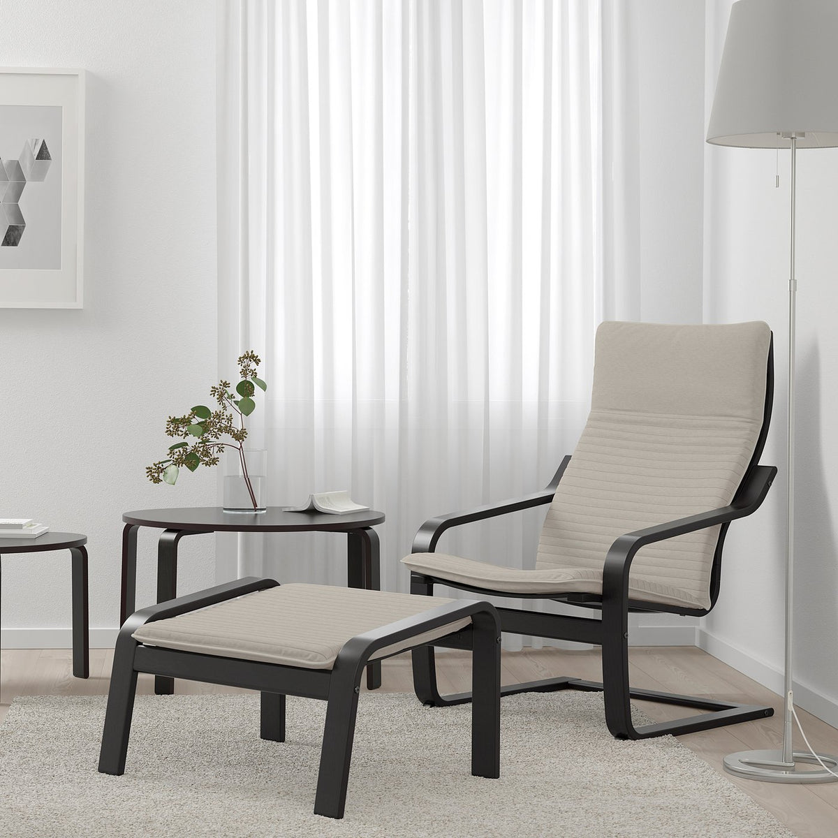 POÄNG armchair and footstool, black/Knisa light beige