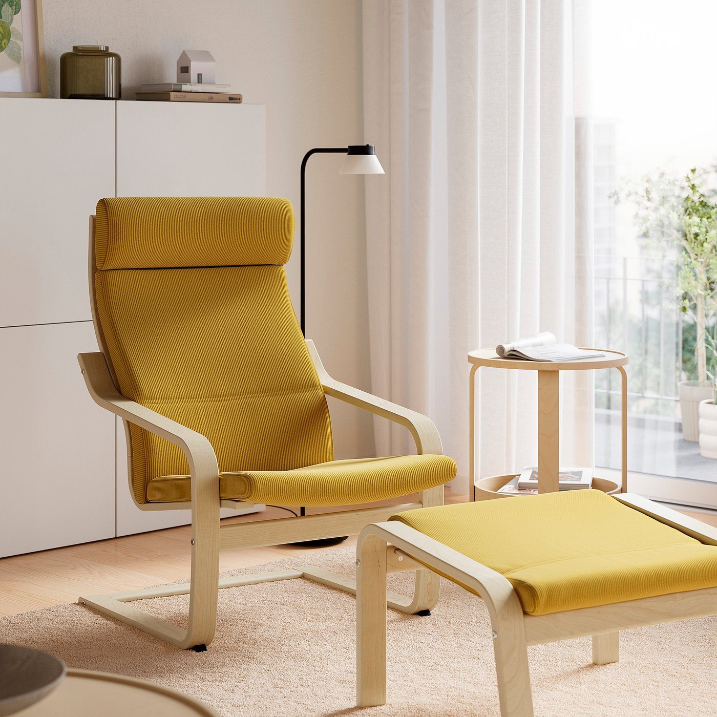 POÄNG armchair and footstool, oak/Kelinge dark yellow