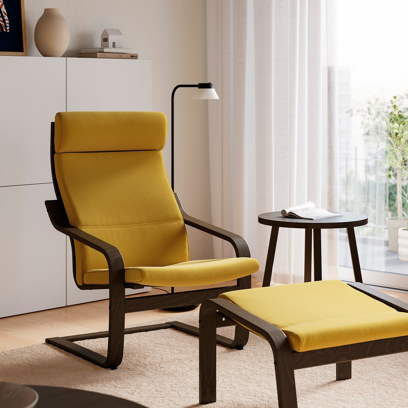 POÄNG armchair and footstool, dark green/Kelinge dark yellow