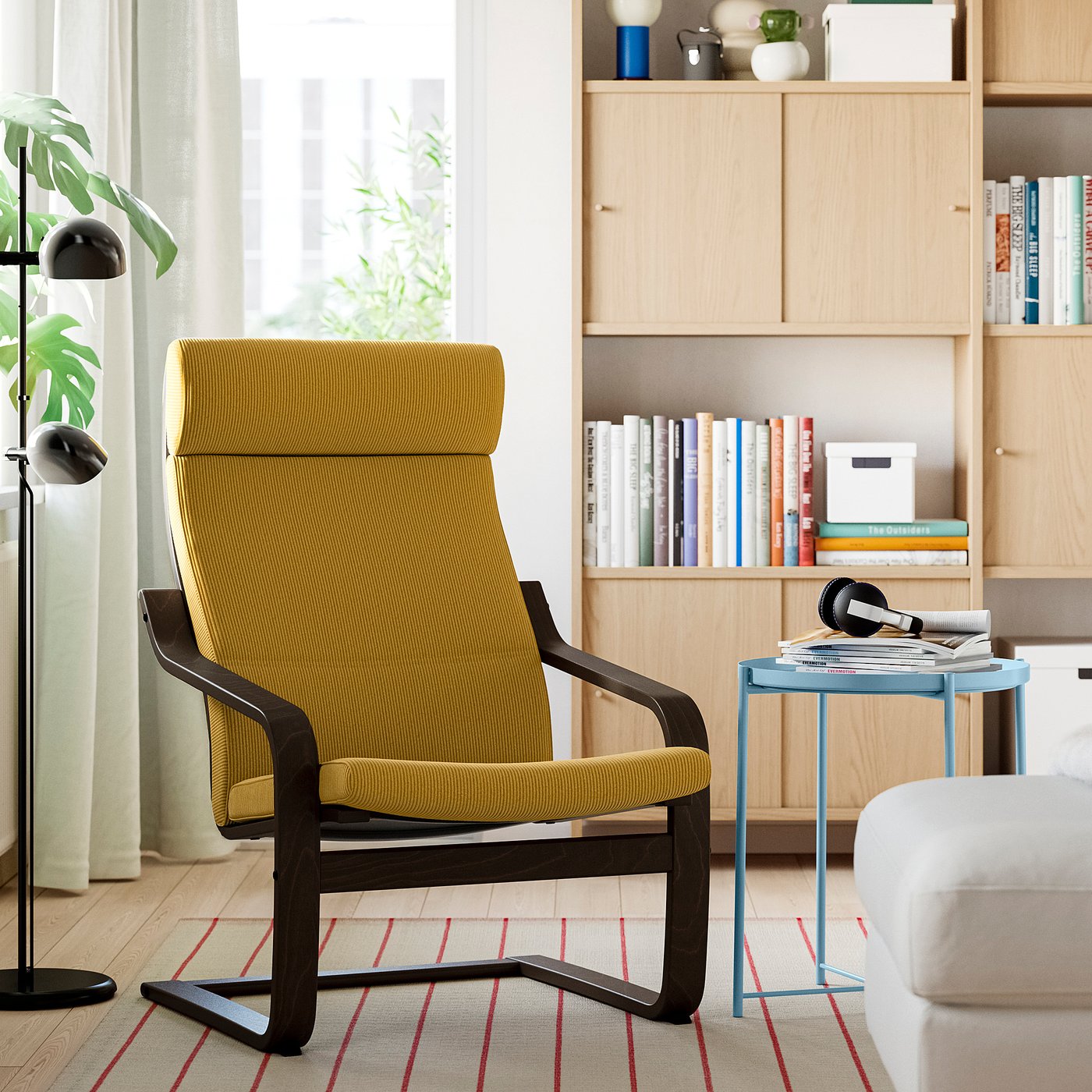 POÄNG armchair, walnut effect/Kelinge dark yellow, 68x100x82 cm