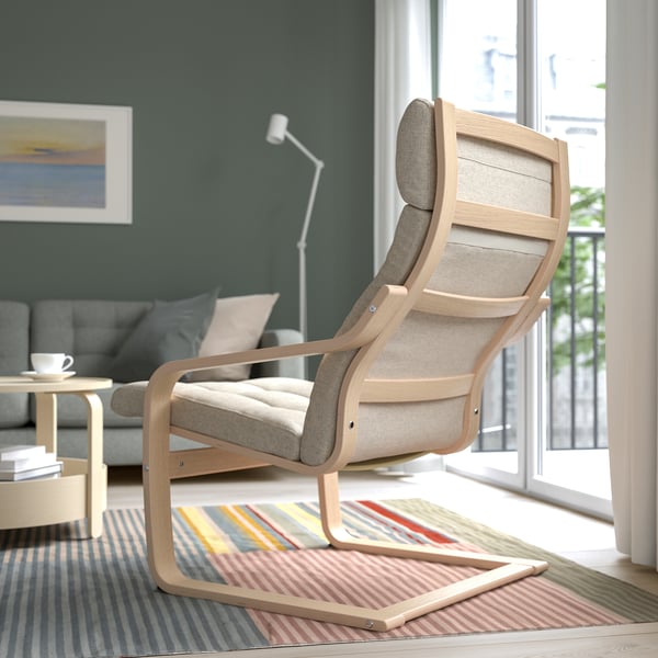 POÄNG armchair, white stained oak veneer/Gunnared beige, 56x100x82 cm