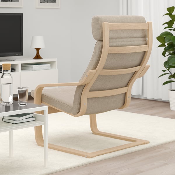 POÄNG armchair, white stained oak veneer/Hillared beige, 68x100x82 cm