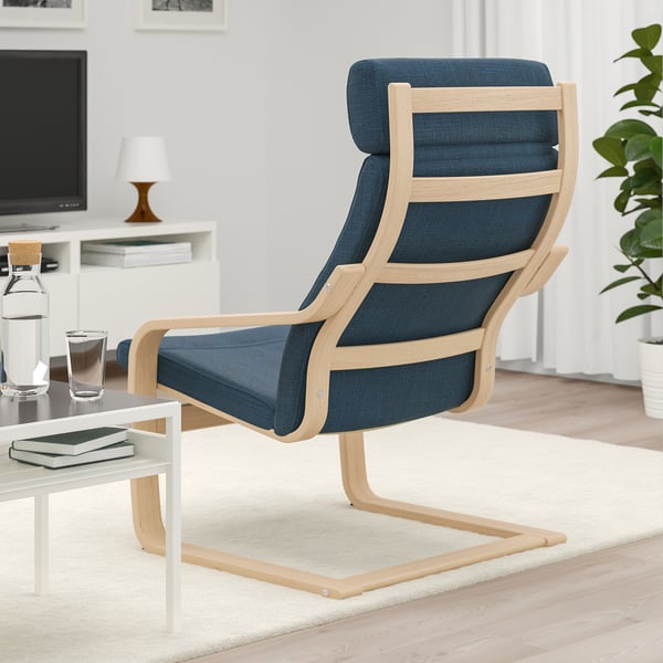 POÄNG armchair, white stained oak veneer/Hillared dark blue, 68x100x82 cm