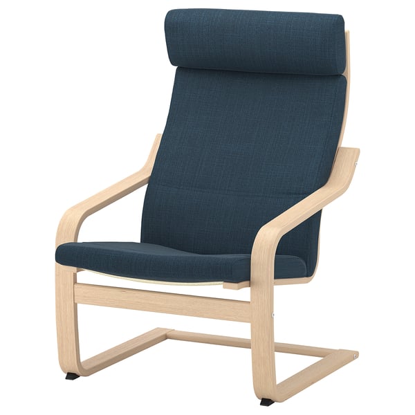 POÄNG armchair, white stained oak veneer/Hillared dark blue, 68x100x82 cm
