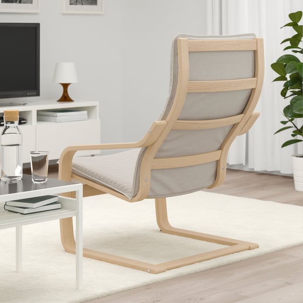 POÄNG armchair, white stained oak veneer/Knisa light beige, 68x100x82 cm