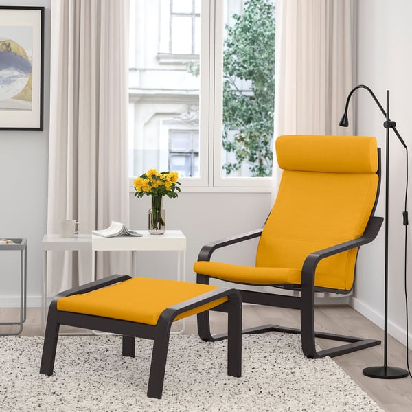 POÄNG armchair, black-brown/Skiftebo yellow, 68x100x82 cm