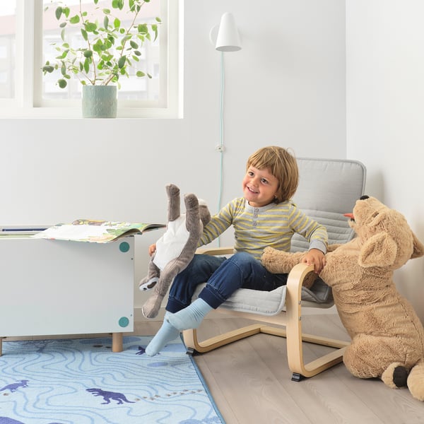 POÄNG children's armchair, birch veneer/Knisa light beige, 47x68x56 cm