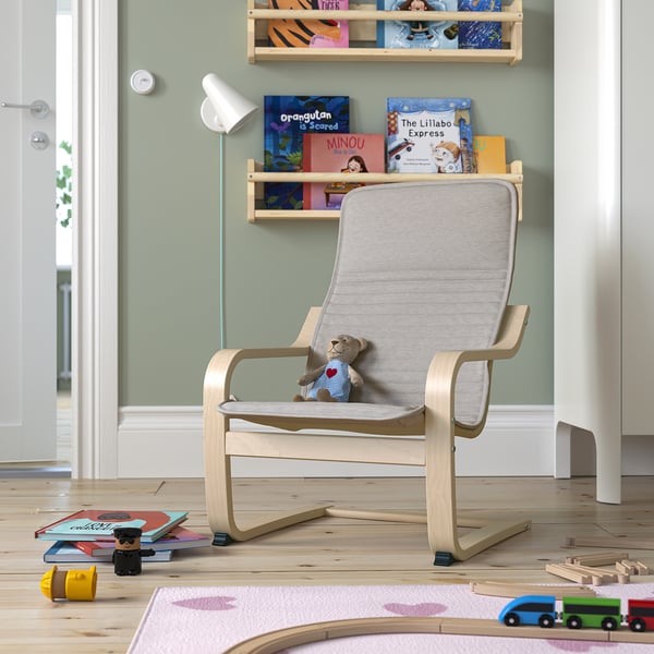 POÄNG children's armchair, birch veneer/Knisa light beige, 47x68x56 cm