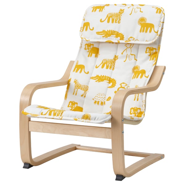 POÄNG - Armchair, birch veneer/Skogbo pattern with animals