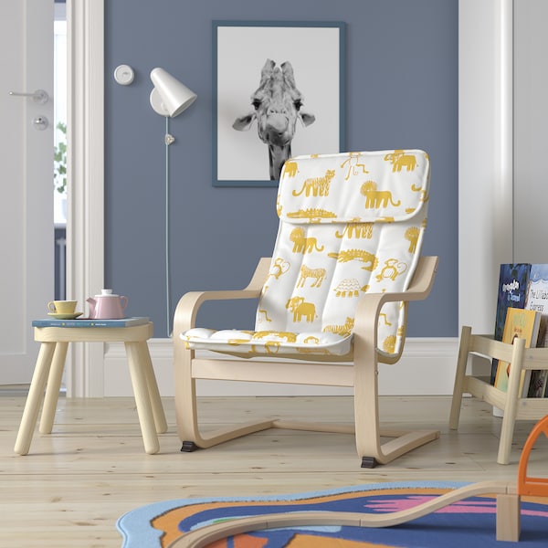 POÄNG - Armchair, birch veneer/Skogbo pattern with animals