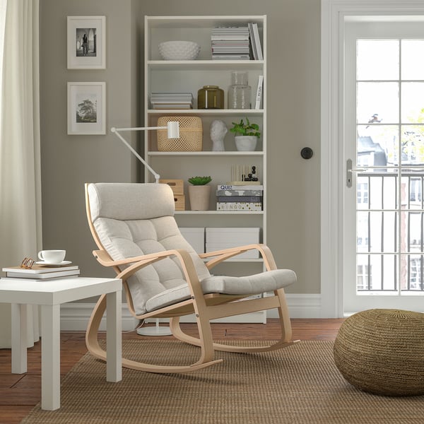 POÄNG rocking-chair, white stained oak veneer/Gunnared beige, 68x95x94 cm