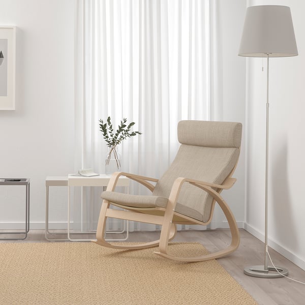 POÄNG rocking-chair, white stained oak veneer/Hillared beige, 68x95x94 cm