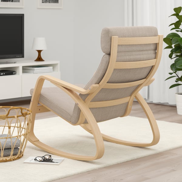 POÄNG rocking-chair, white stained oak veneer/Hillared beige, 68x95x94 cm