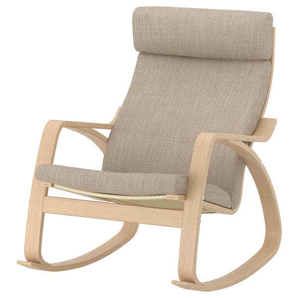 POÄNG rocking-chair, white stained oak veneer/Hillared beige, 68x95x94 cm
