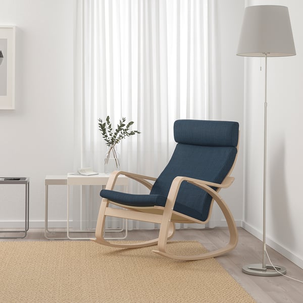 POÄNG rocking-chair, white stained oak veneer/Hillared dark blue, 68x95x94 cm